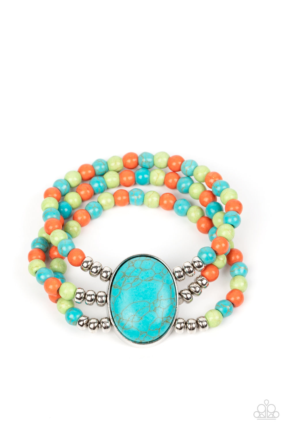 Stone Pools - Multi Turquoise, Green And Orange Stone Santa Fe Style Stretch Bracelet Paparazzi B0619