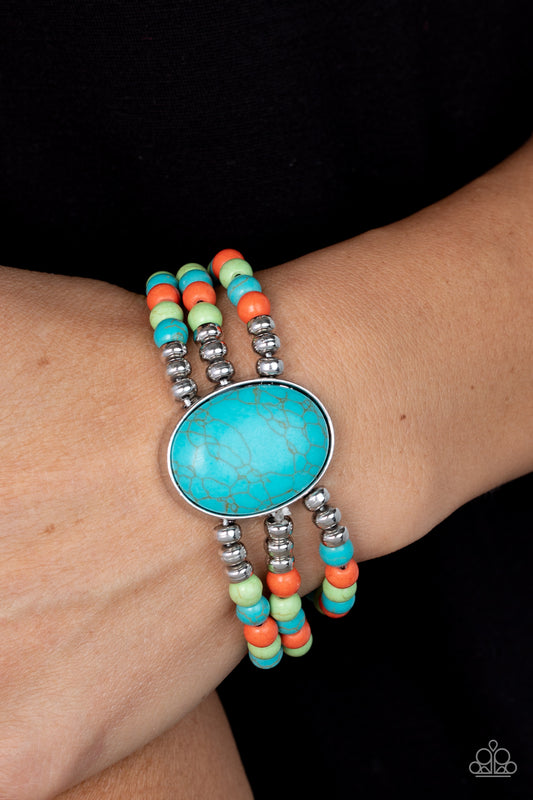 Stone Pools - Multi Turquoise, Green And Orange Stone Santa Fe Style Stretch Bracelet Paparazzi B0619