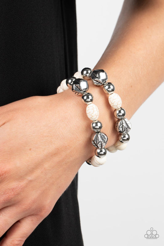 Sagebrush Saga - White Stone Silver Bead Santa Fe Style Stretch Bracelet Paparazzi B0804