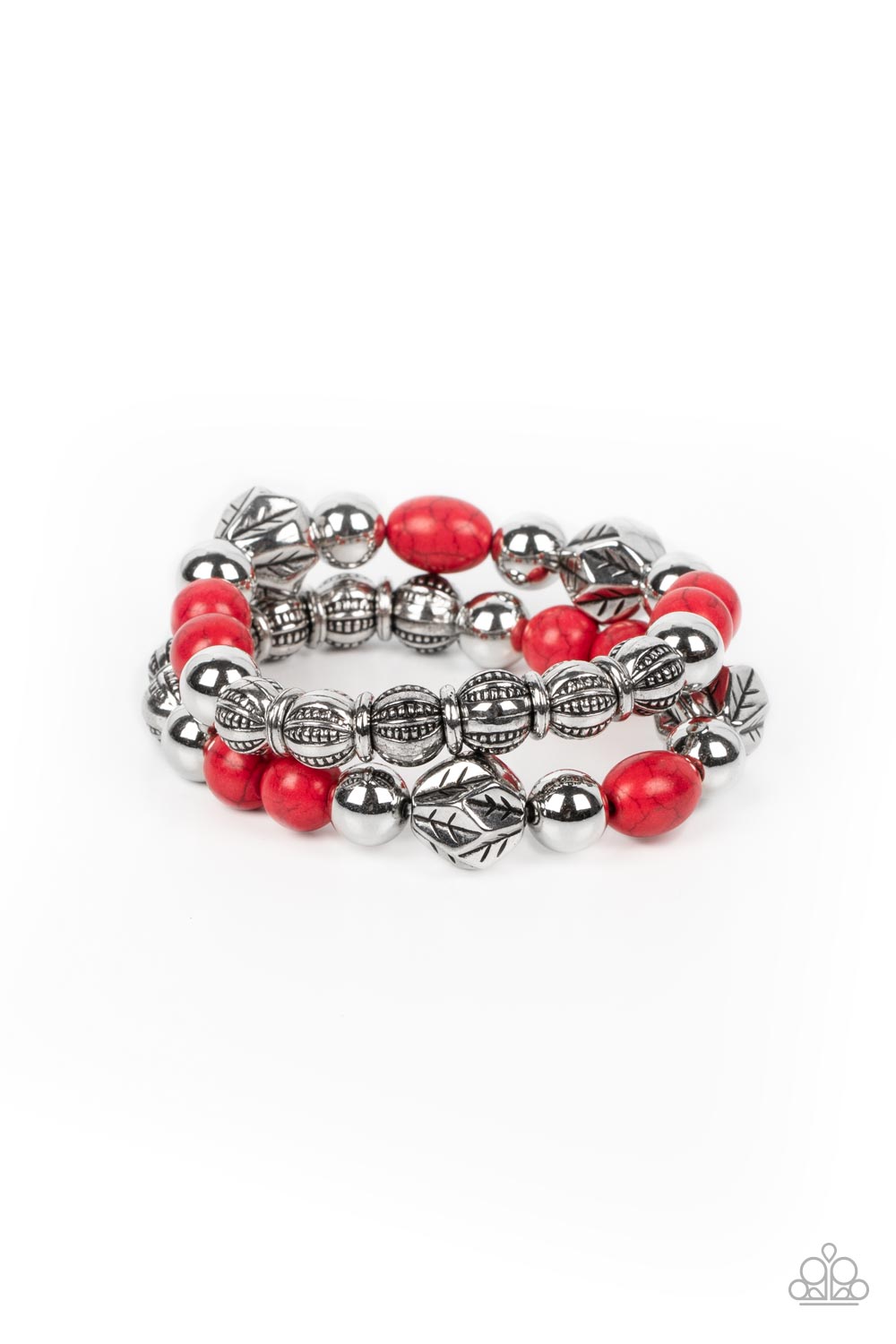 Sagebrush Saga - Red Fiery Stone & Silver Bead Santa Fe Style Stretch Bracelet Paparazzi B0901