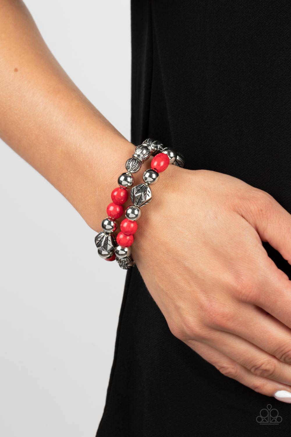 Sagebrush Saga - Red Fiery Stone & Silver Bead Santa Fe Style Stretch Bracelet Paparazzi B0901