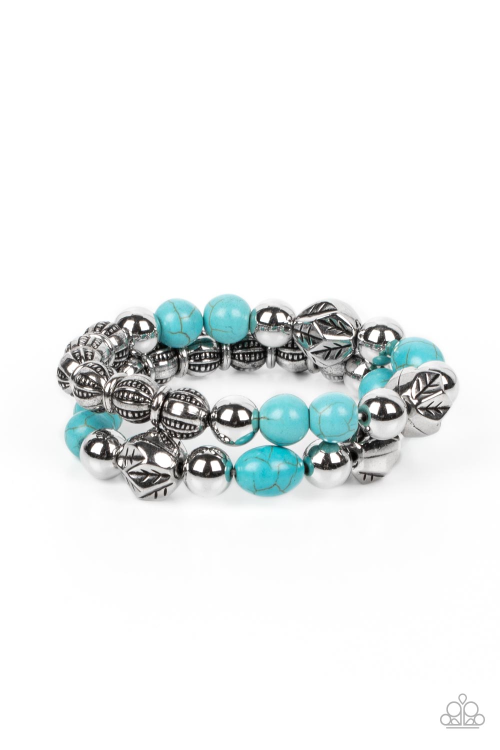 Sagebrush Saga - Blue Turquoise Stone Bead Silver Santa Fe Style Stretch Bracelets Paparazzi B0830