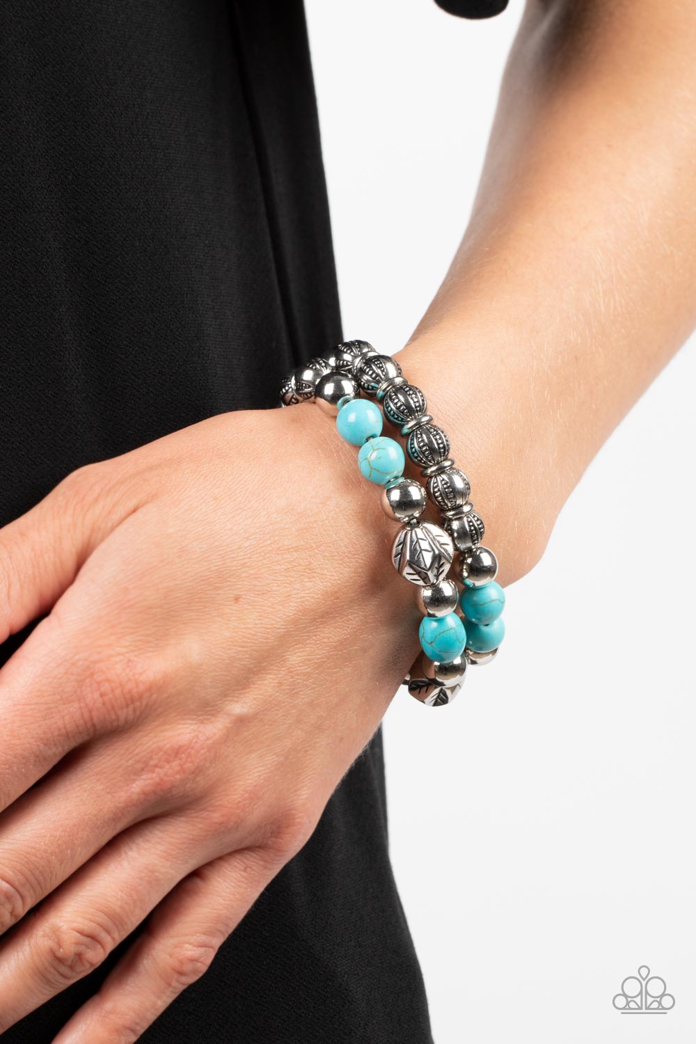 Sagebrush Saga - Blue Turquoise Stone Bead Silver Santa Fe Style Stretch Bracelets Paparazzi B0830