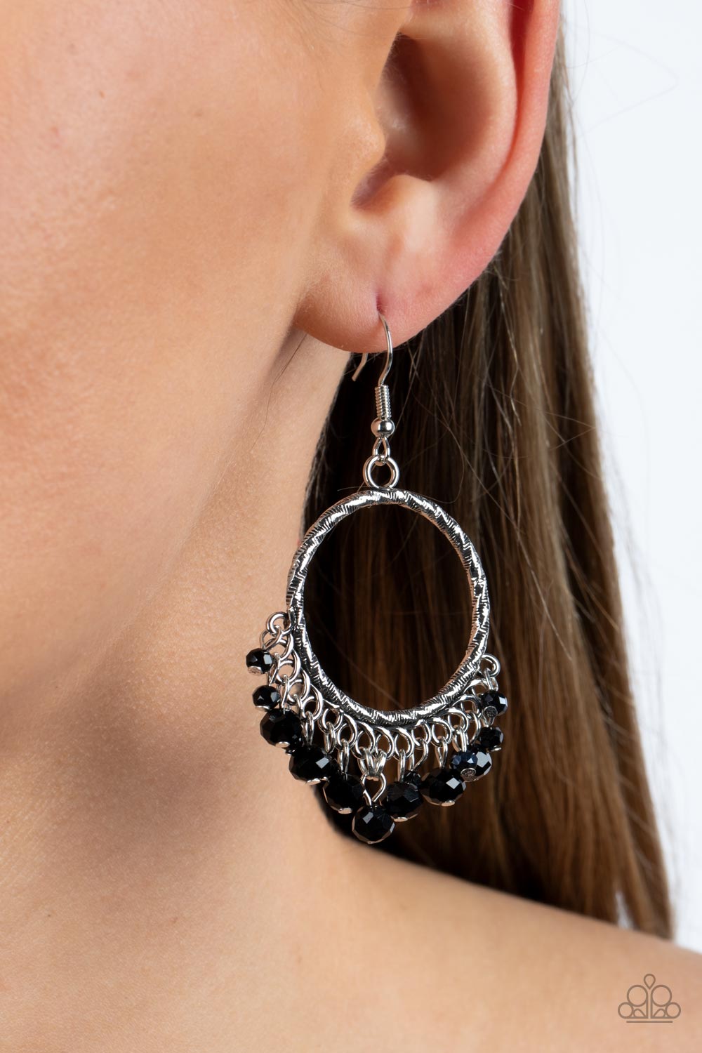 As if by Magic - Black Crystal Bead Silver Hoop Earring Paparazzi E1275