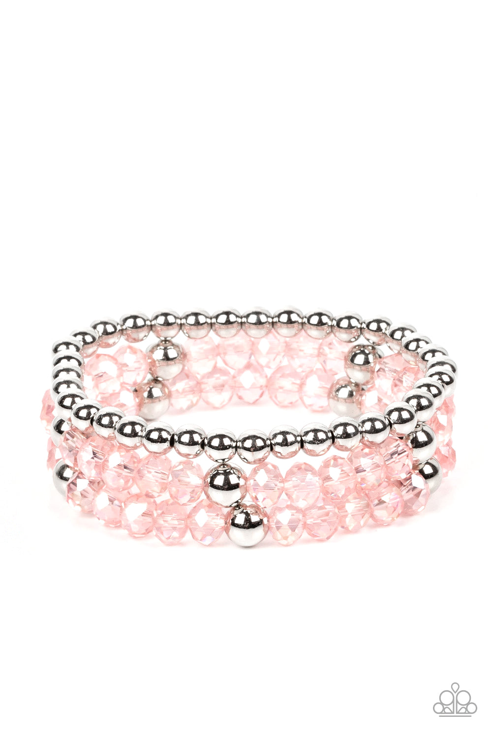 Prismatic Perceptions - Pink Gossamer Crystal-Like & Silver Bead Stretch Bracelet Paparazzi B0678