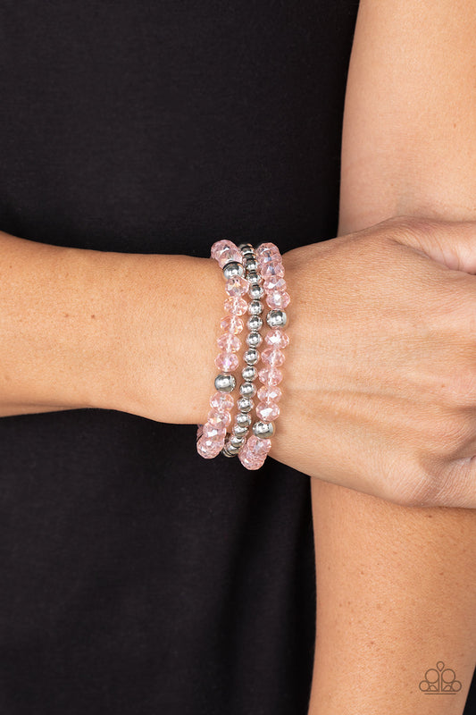 Prismatic Perceptions - Pink Gossamer Crystal-Like & Silver Bead Stretch Bracelet Paparazzi B0678