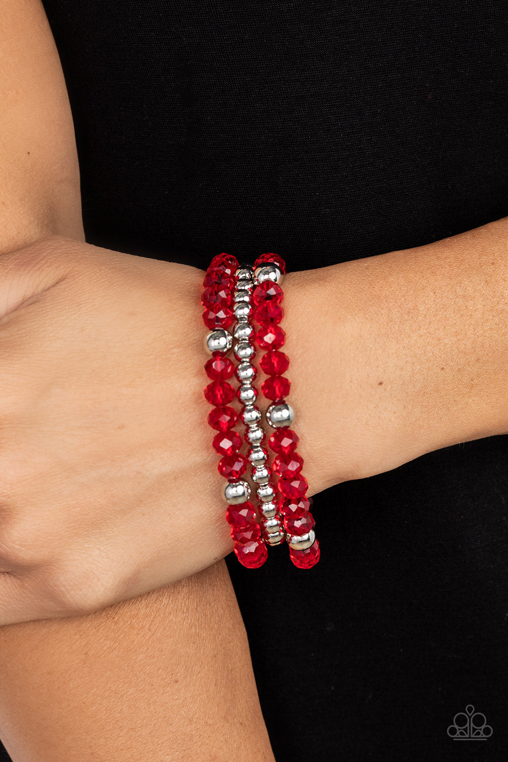 Prismatic Perceptions - Red Sparkly & Silver Bead Stretch Bracelet Paparazzi B0809