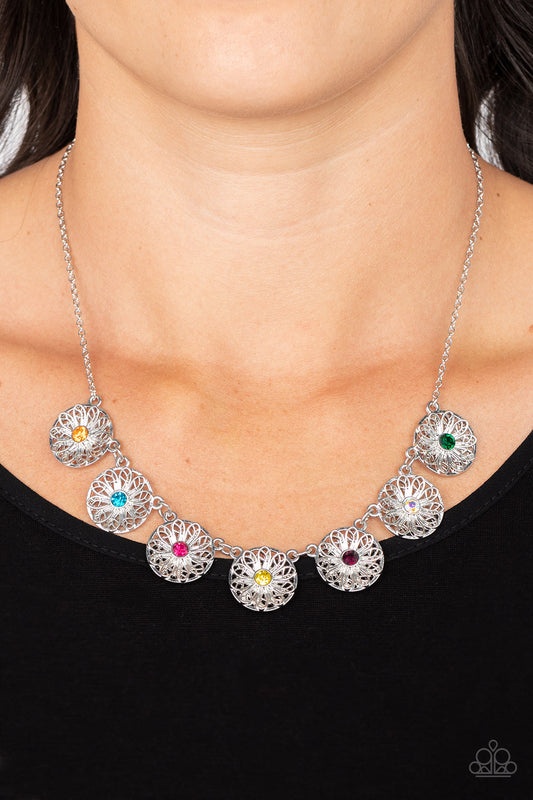 Garden Greetings - Multi Colored Rhinestone Silver Flower Necklace Paparazzi N1257