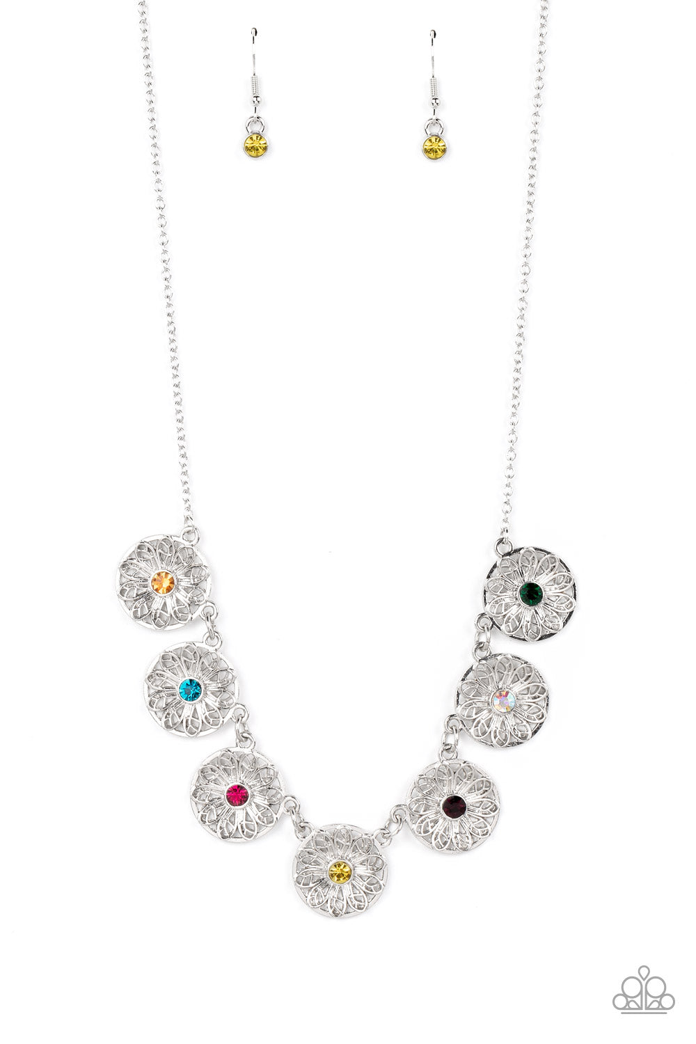 Garden Greetings - Multi Colored Rhinestone Silver Flower Necklace Paparazzi N1257