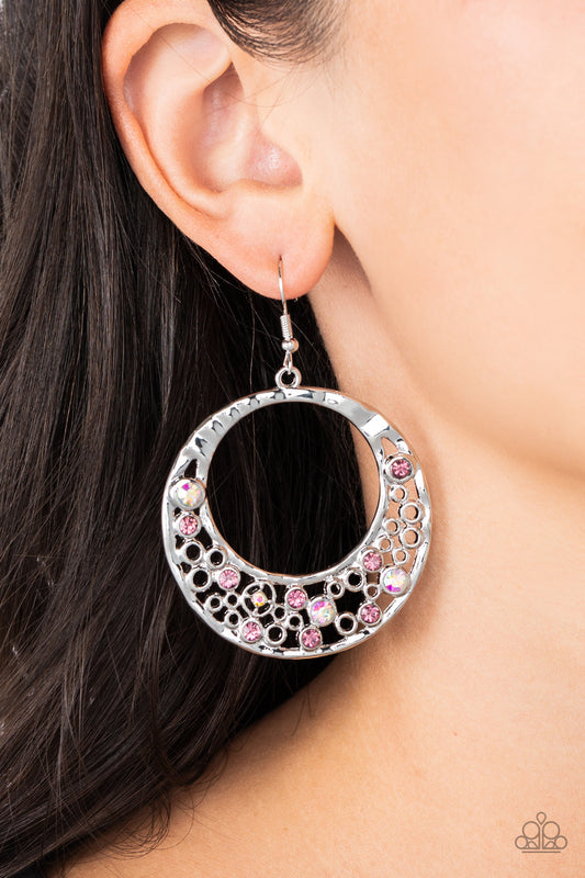 Enchanted Effervescence - Purple & Iridescent Rhinestone Silver Hammered Earring Paparazzi E1686