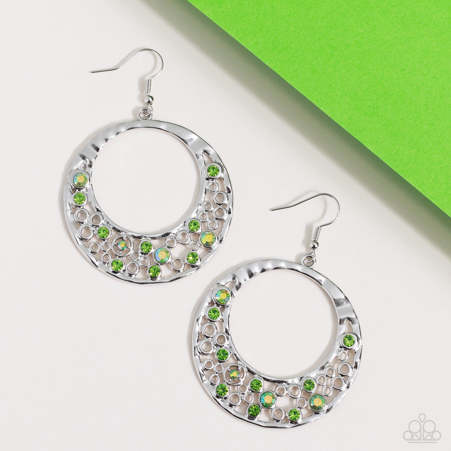 Enchanted Effervescence - Green & Iridescent Rhinestone Silver Earring Paparazzi E1331