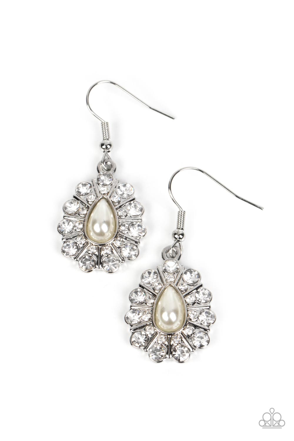 Extroverted Elegance - White Rhinestone & Pearly Teardrop Earring Paparazzi E1419