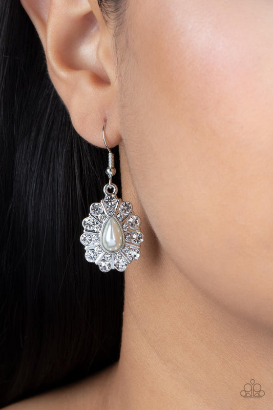 Extroverted Elegance - White Rhinestone & Pearly Teardrop Earring Paparazzi E1419