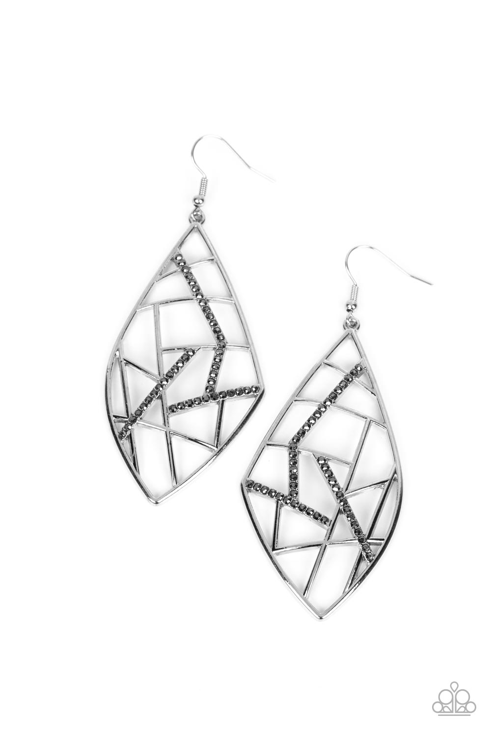 Geo Grid - Silver Hematite Rhinestone Geometric Grid Earring Paparazzi E1507