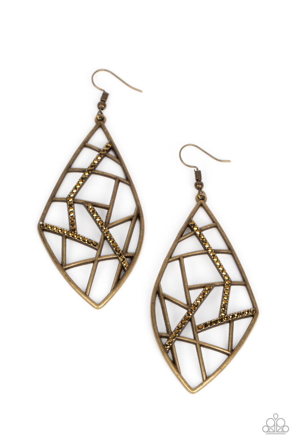 Geo Grid - Brass Aurum Rhinestone Earring Paparazzi E0769