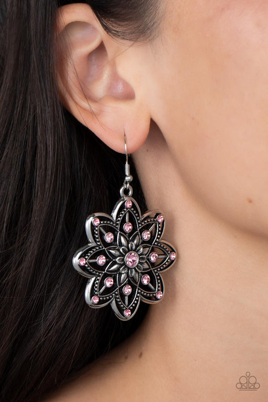 Prismatic Perennial - Pink Gossamer Rhinestone Floral Earring Paparazzi E1707