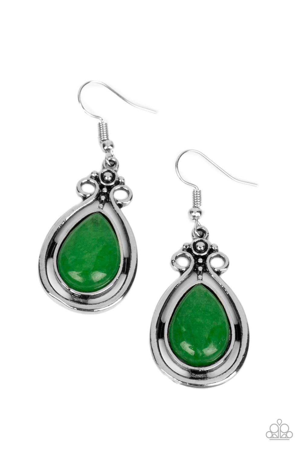 Mountain Mantra - Green Jade Stone Silver Filigree Earring Paparazzi E1254