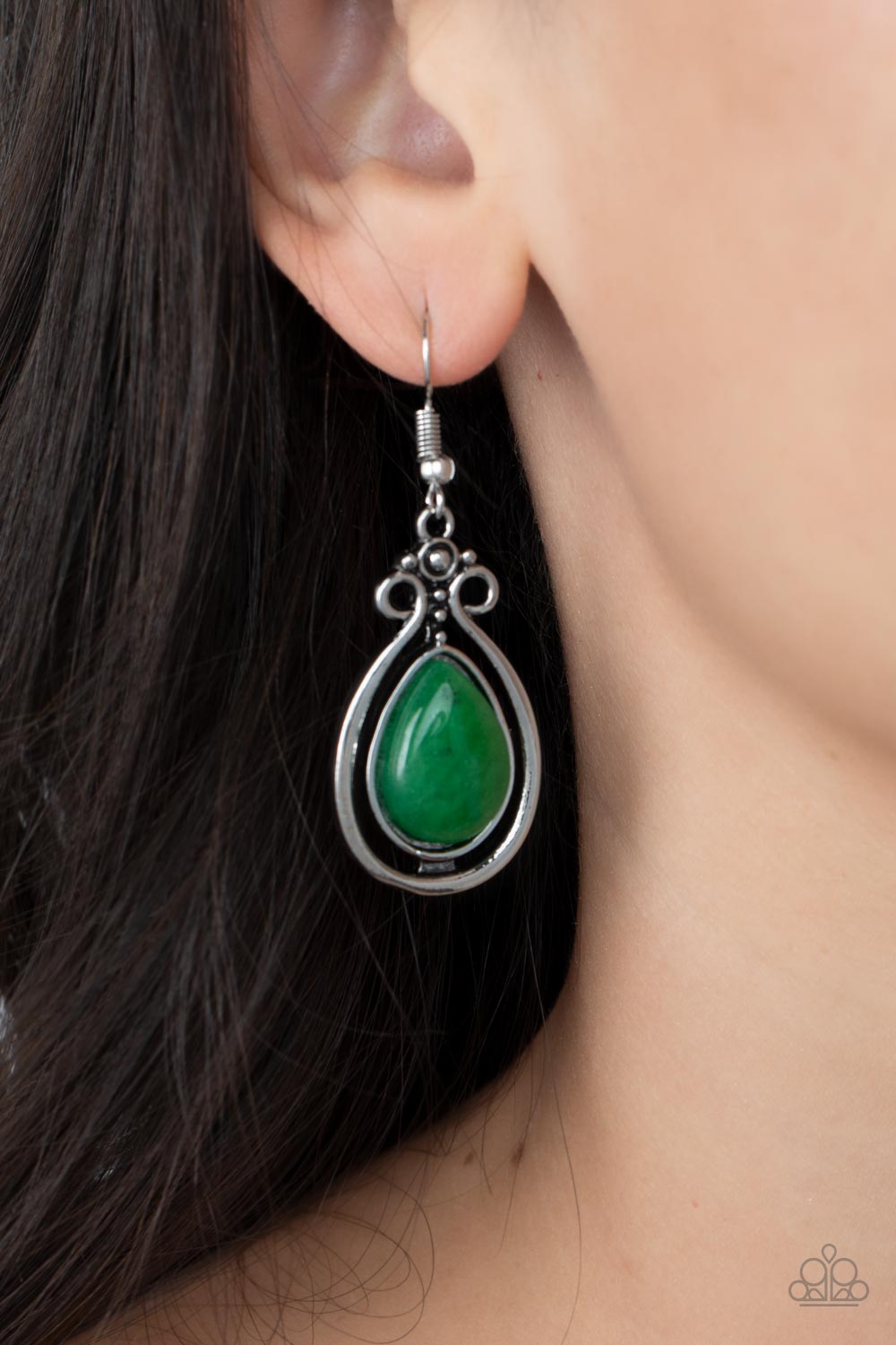 Mountain Mantra - Green Jade Stone Silver Filigree Earring Paparazzi E1254