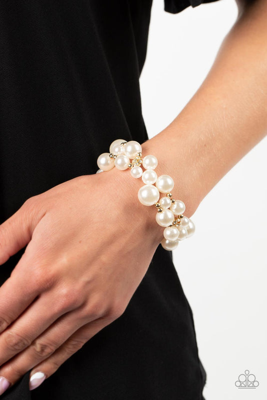 Her Serene Highness - Gold Bead and White Pearl Stretch Bracelet Paparazzi B0659