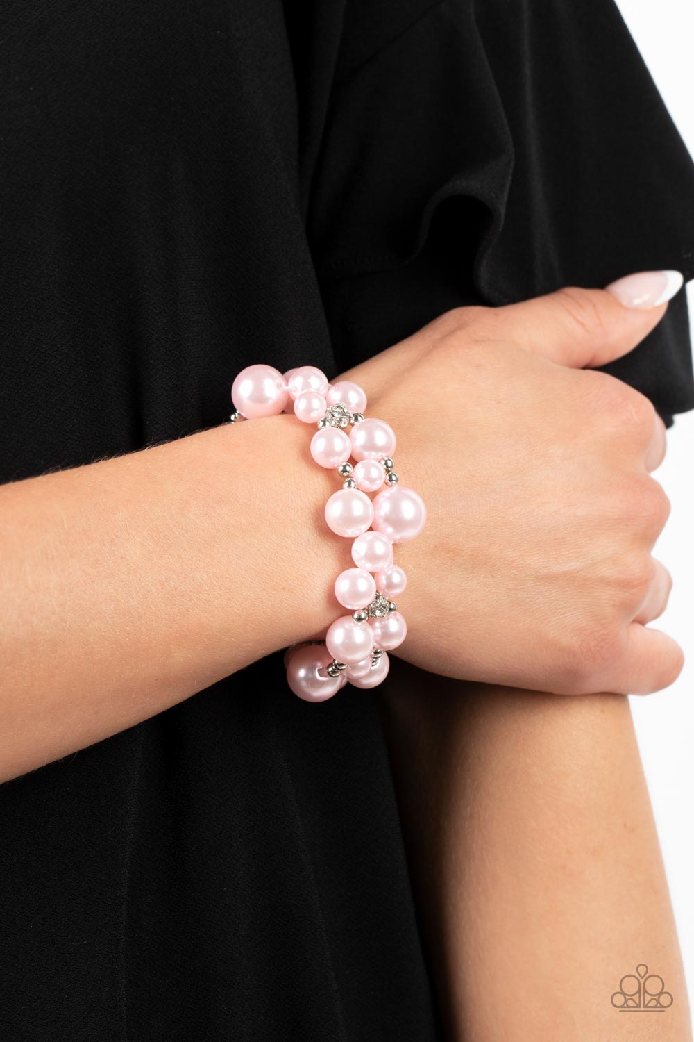 Her Serene Highness - Pink Pearl  And White Rhinestone Stretch Bracelet Paparazzi B0751