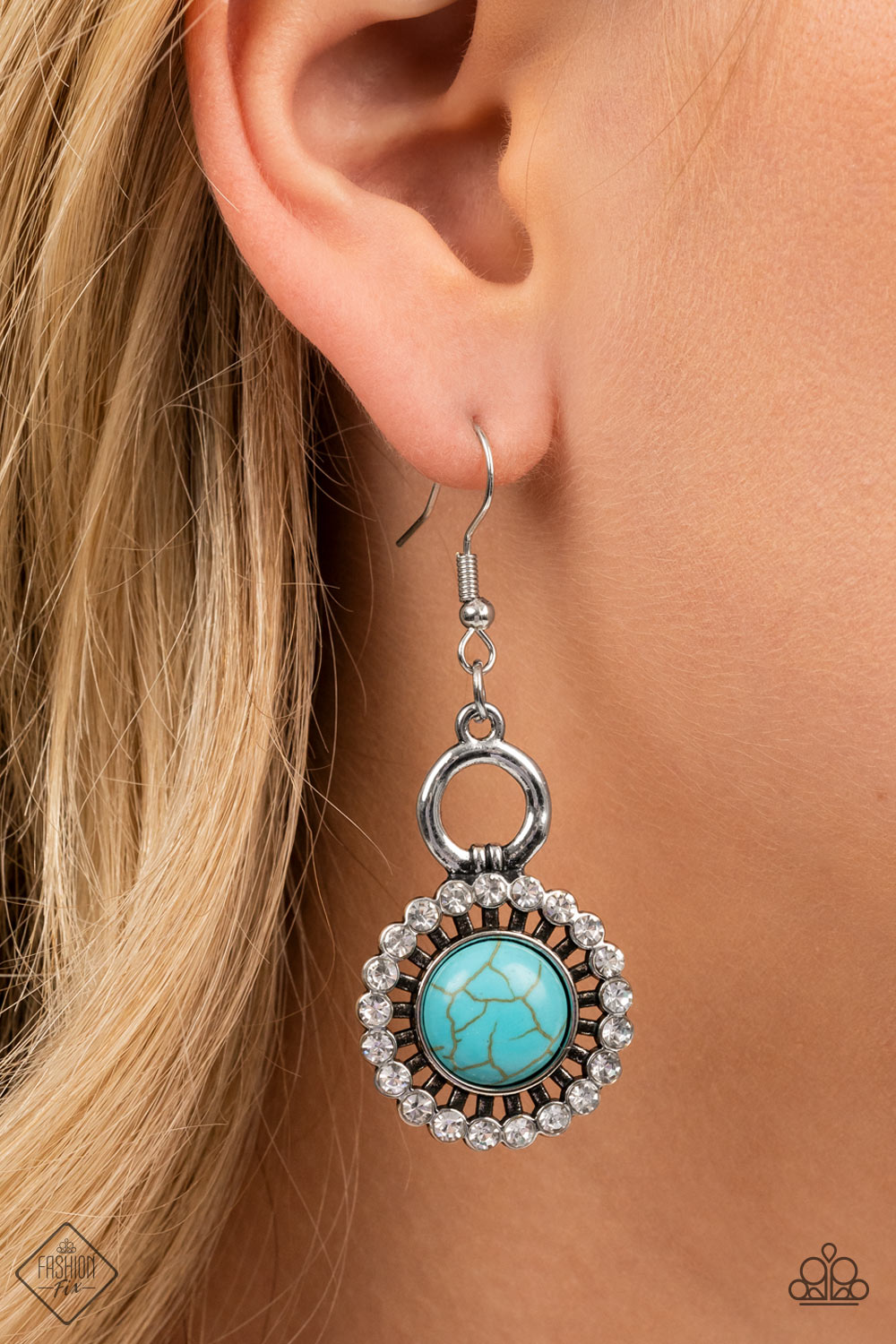 Mojave Mogul - Blue Turquoise Cracked Stone White Rhinestone Earring Fashion Fix July 2022 Paparazzi E0818