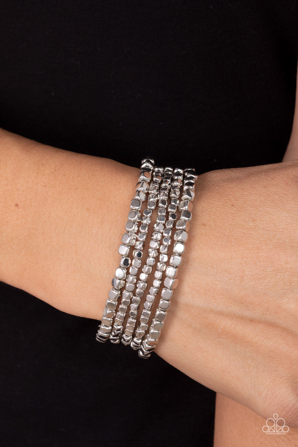 Right on CUBE - Silver Cube Bead Stretch Bracelets Paparazzi B0714