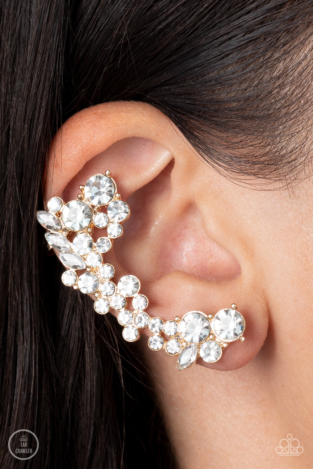 Astronomical Allure - Gold White Rhinestone Ear Crawler Paparazzi E0898