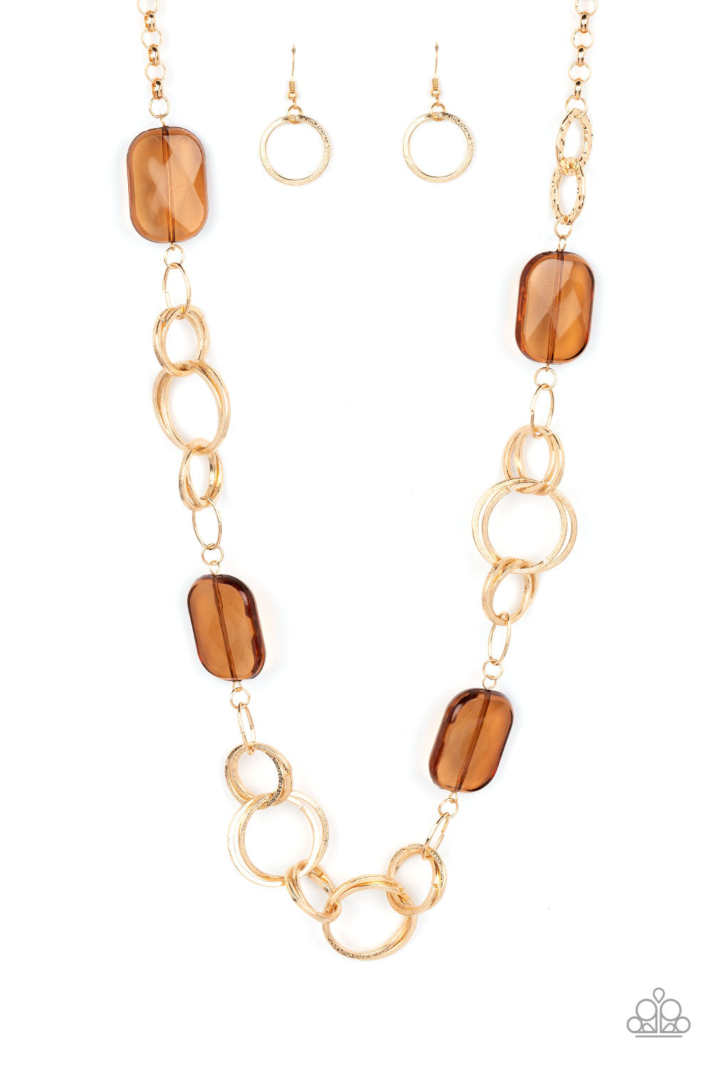 Stained Glass Glamour - Brown Bead & Hammered Gold Hoop Necklace Paparazzi N1370