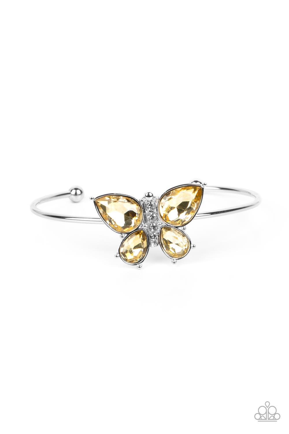 Butterfly Beatitude - Yellow Rhinestone Silver Butterfly Cuff Bracelet Paparazzi B0681