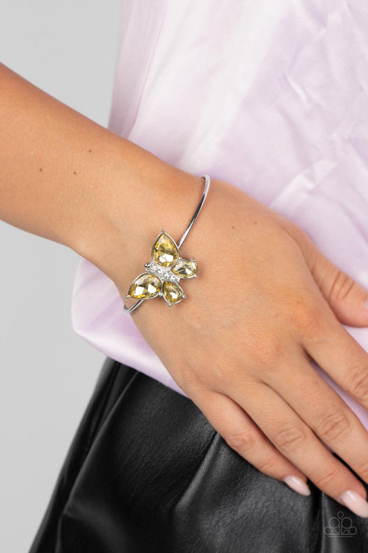 Butterfly Beatitude - Yellow Rhinestone Silver Butterfly Cuff Bracelet Paparazzi B0681