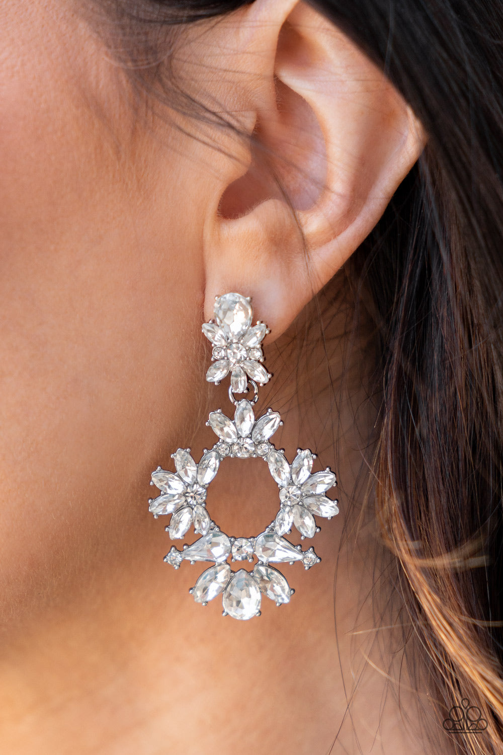 Leave them Speechless - White Rhinestone Earring Life Of The Party June 2022 Paparazzi E0757