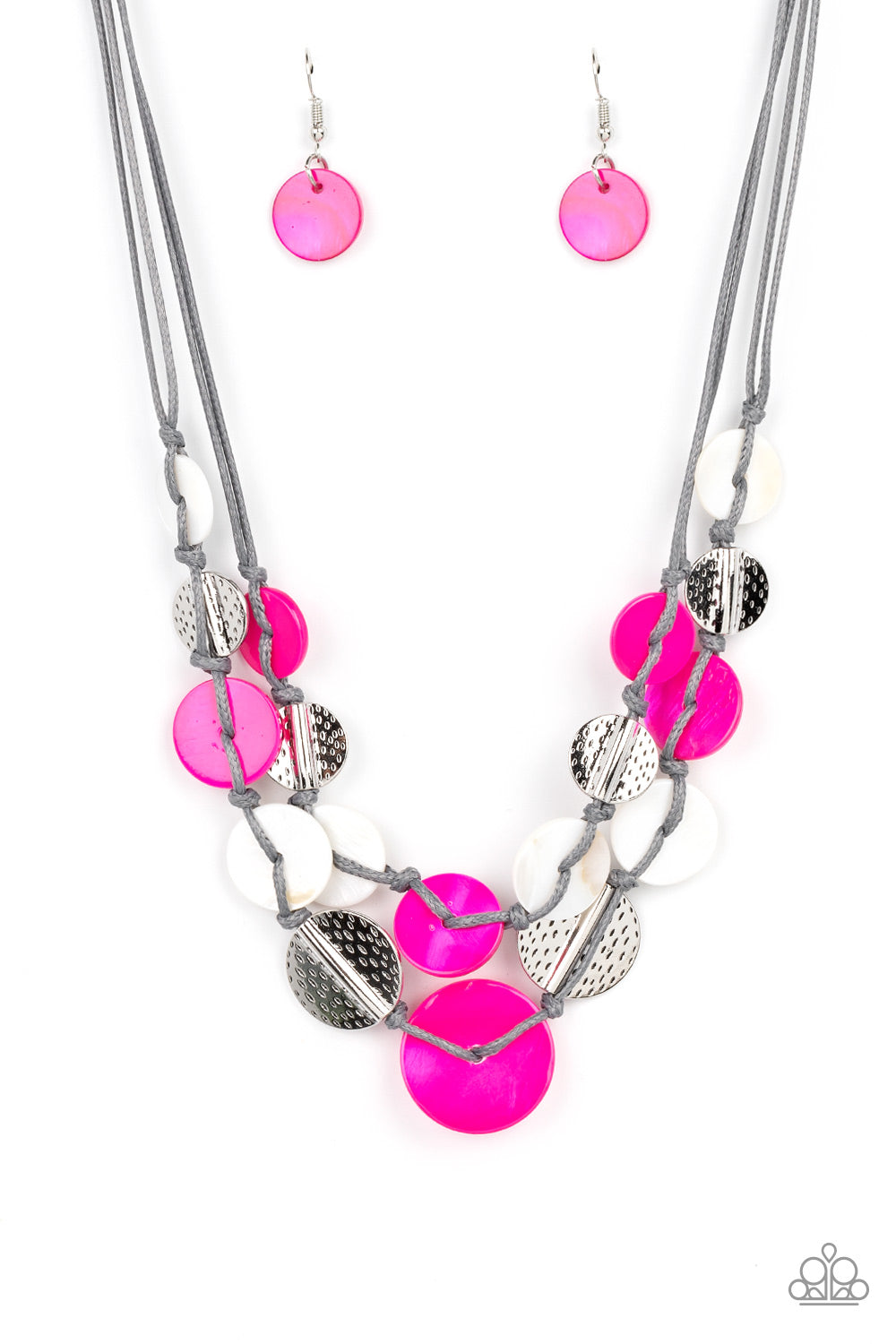 Barefoot Beaches - Pink & White Shell Silver Hammered Disc Necklace Paparazzi N1890