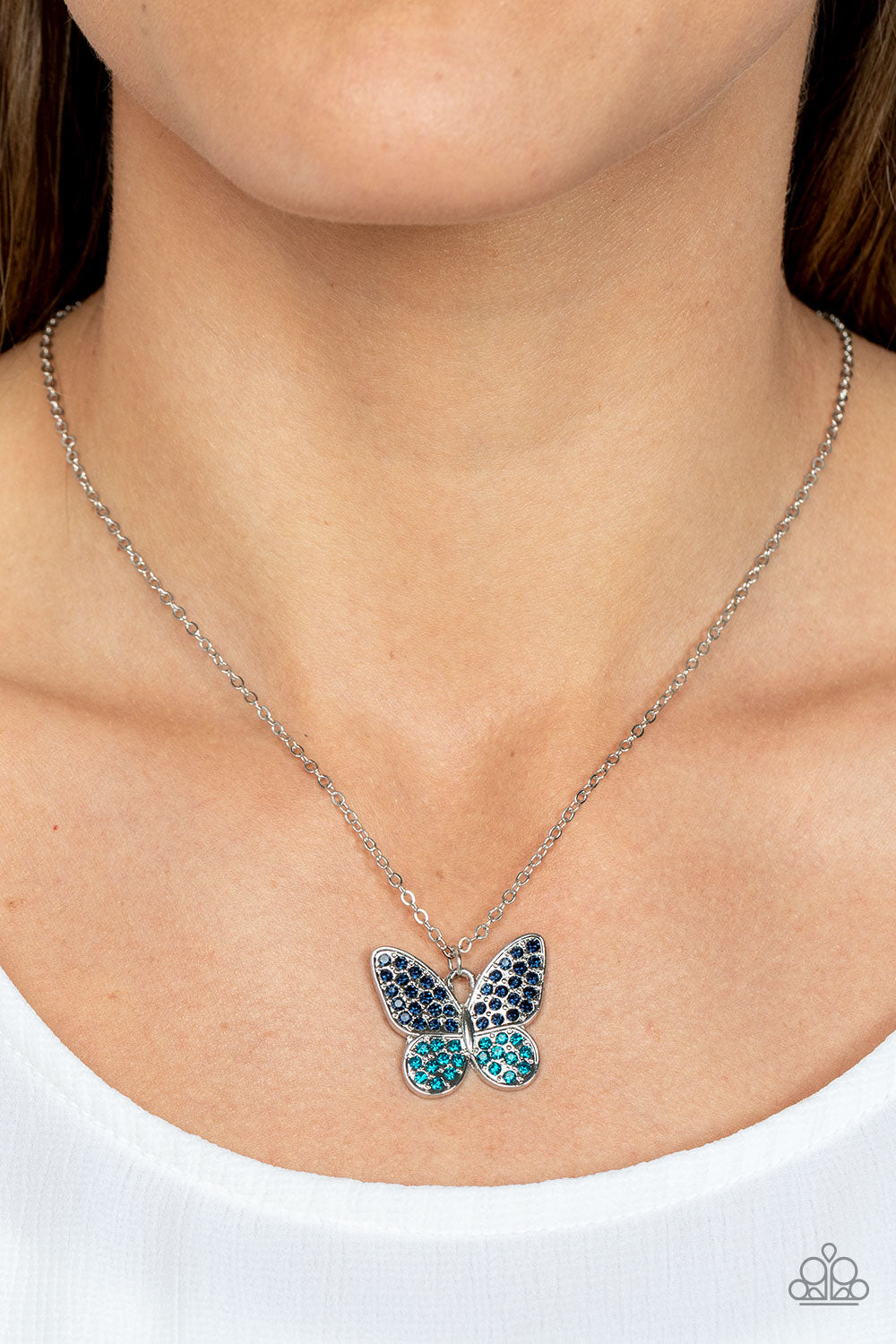 Flutter Forte - Blue Rhinestone Butterfly Necklace Paparazzi N0939