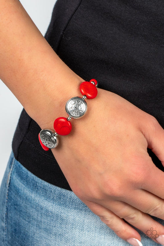 Oasis Orchard - Red Stone And Silver Bead Bracelet Santa Fe Style Bracelet Paparazzi B0716