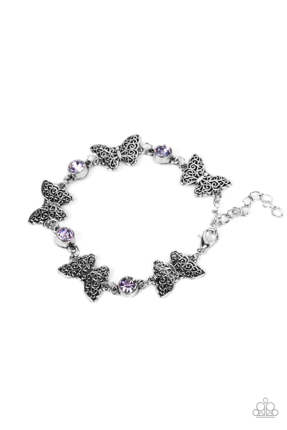 Has a WING to It - Purple Rhinestone Silver Butterfly Bracelet Paparazzi B0512