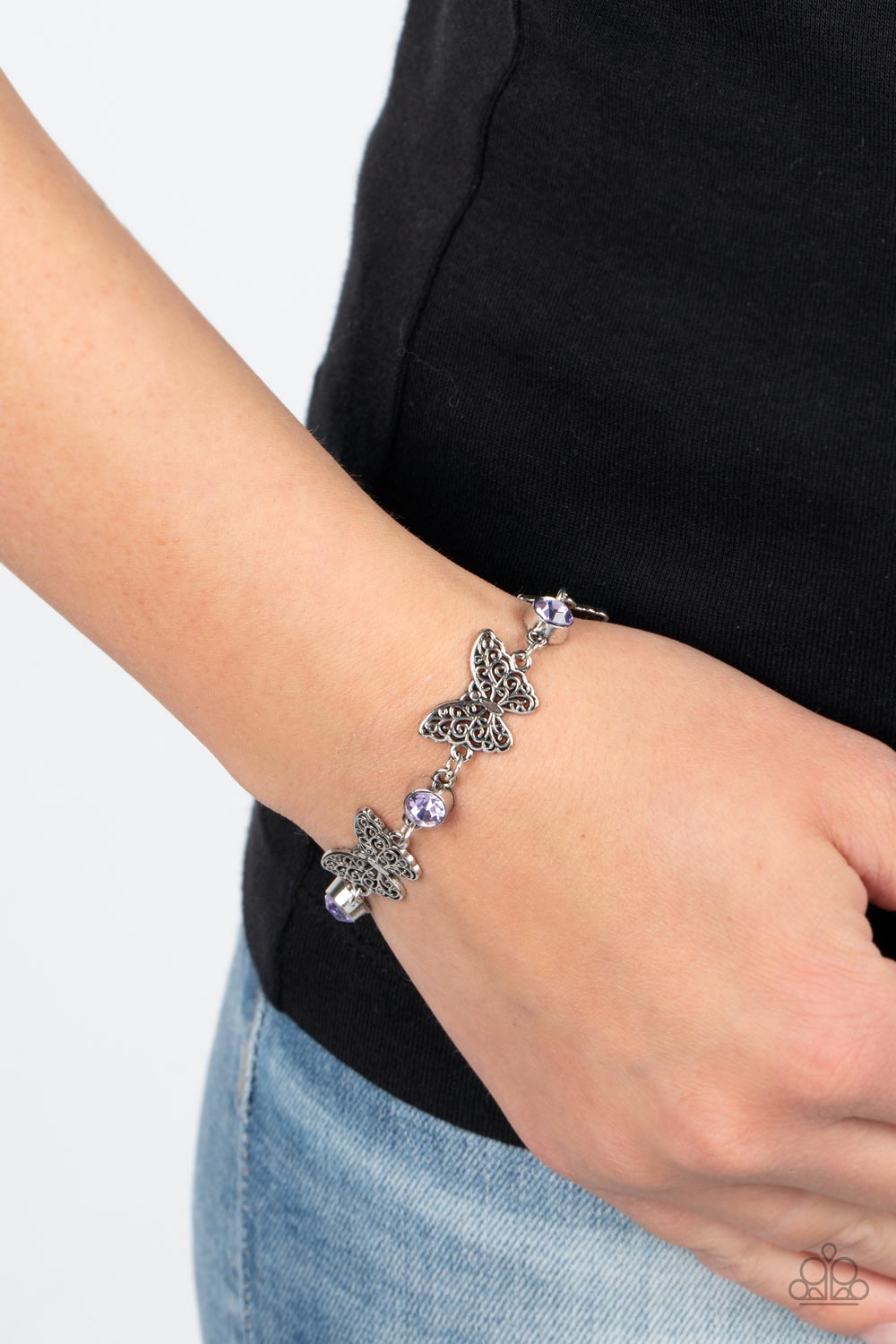 Has a WING to It - Purple Rhinestone Silver Butterfly Bracelet Paparazzi B0512