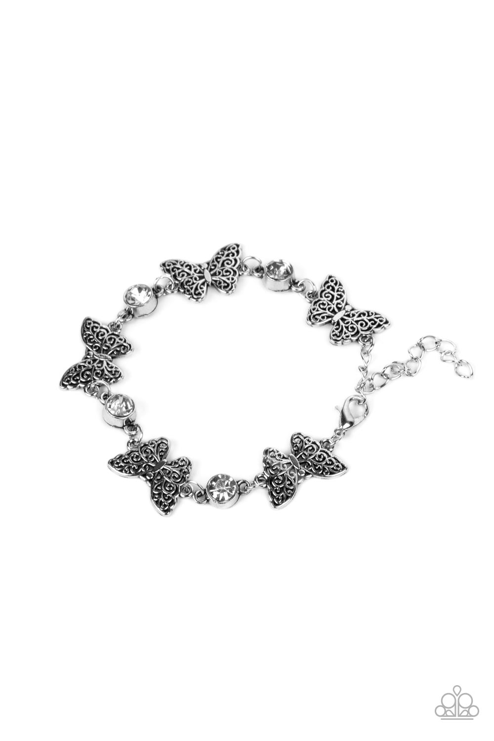 Has a WING to It - White Rhinestone Silver Butterfly Bracelet Paparazzi B0548