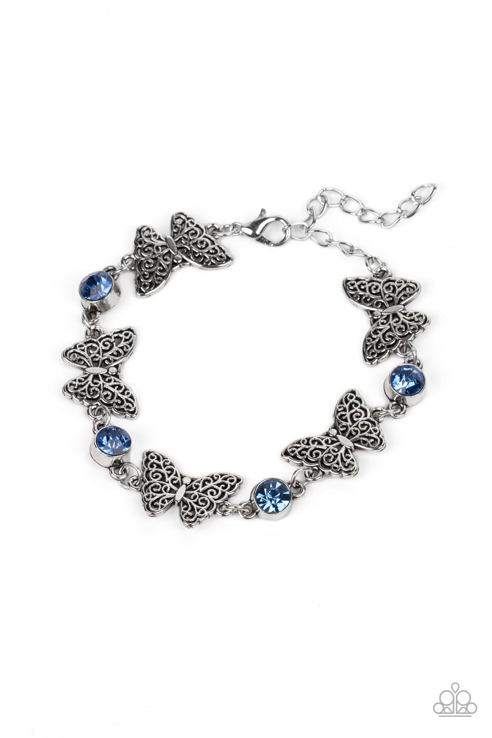 Has a WING to It - Blue Rhinestone Silver Butterfly Bracelet Paparazzi B0605