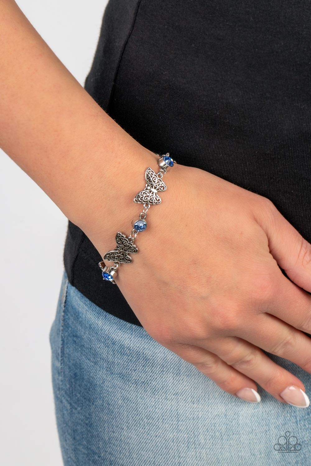 Has a WING to It - Blue Rhinestone Silver Butterfly Bracelet Paparazzi B0605