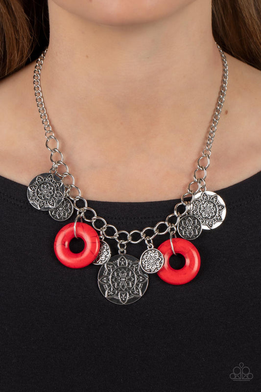 Western Zen - Red Stone Silver Mandala Santa Fe Style Necklace Paparazzi N1144