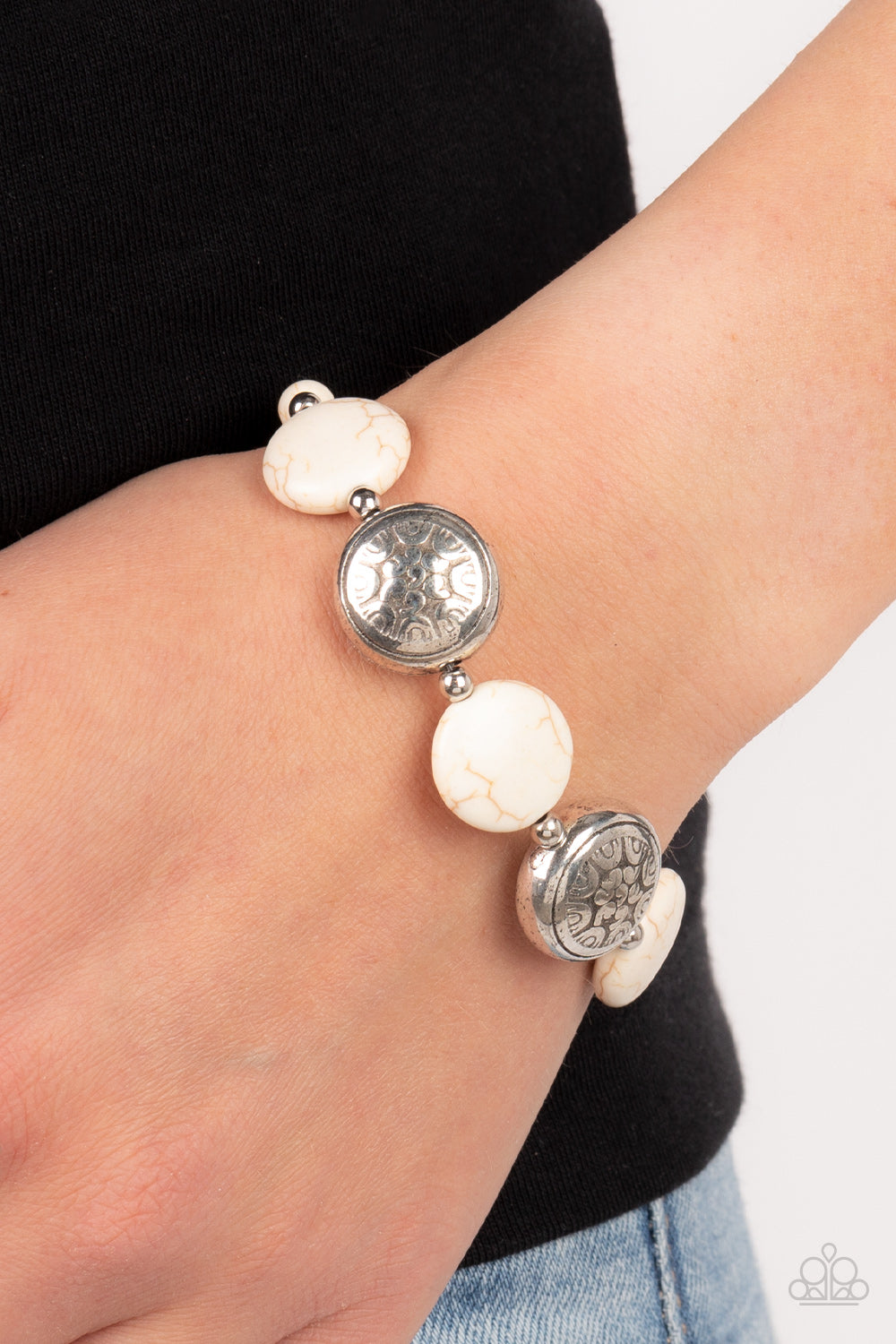 Oasis Orchard - White Stone & Silver Bead Santa Fe Style Bracelet Paparazzi B0994