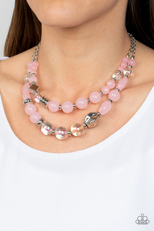 Mere Magic - Pink Gossamer, Iridescent And Silver Bead Necklace Paparazzi N1106