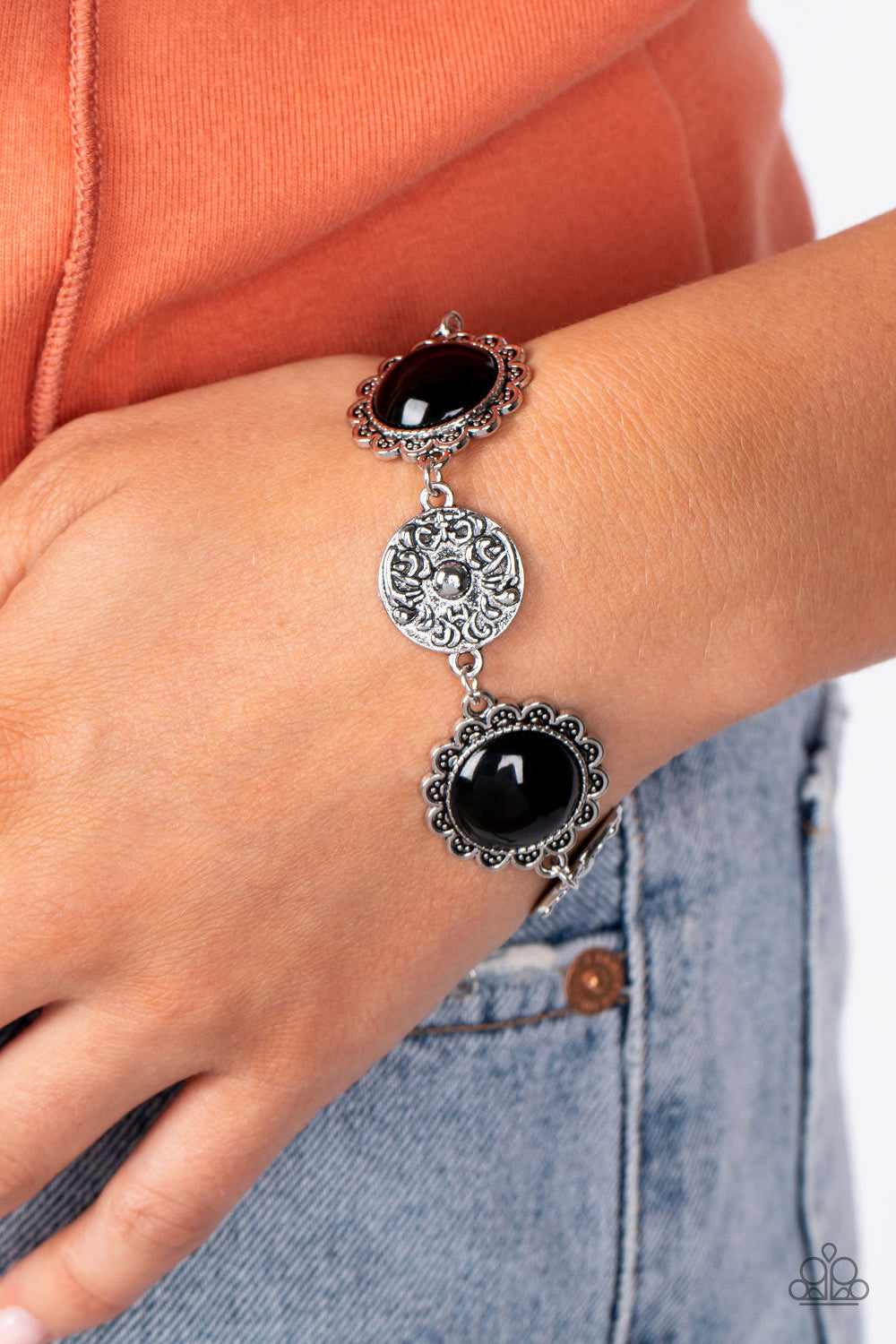 Positively Poppy - Black Floral Santa Fe Style Bracelet Paparazzi B1245