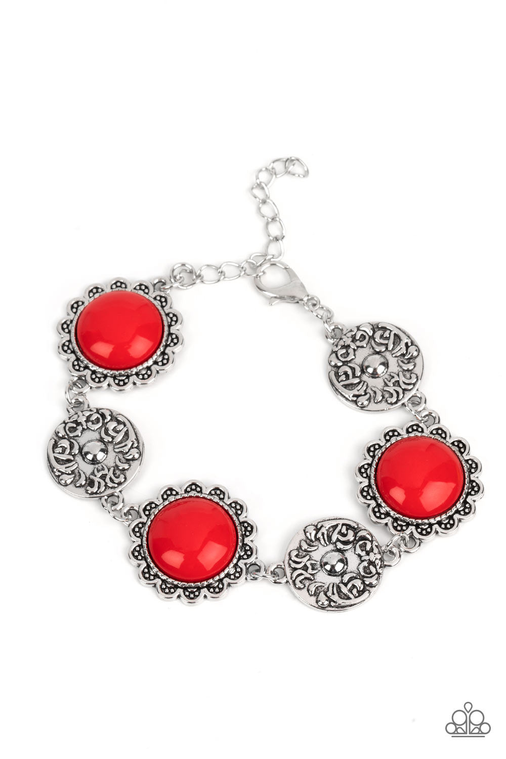 Positively Poppy - Red Floral Silver Filigree Bracelet Paparazzi B0997