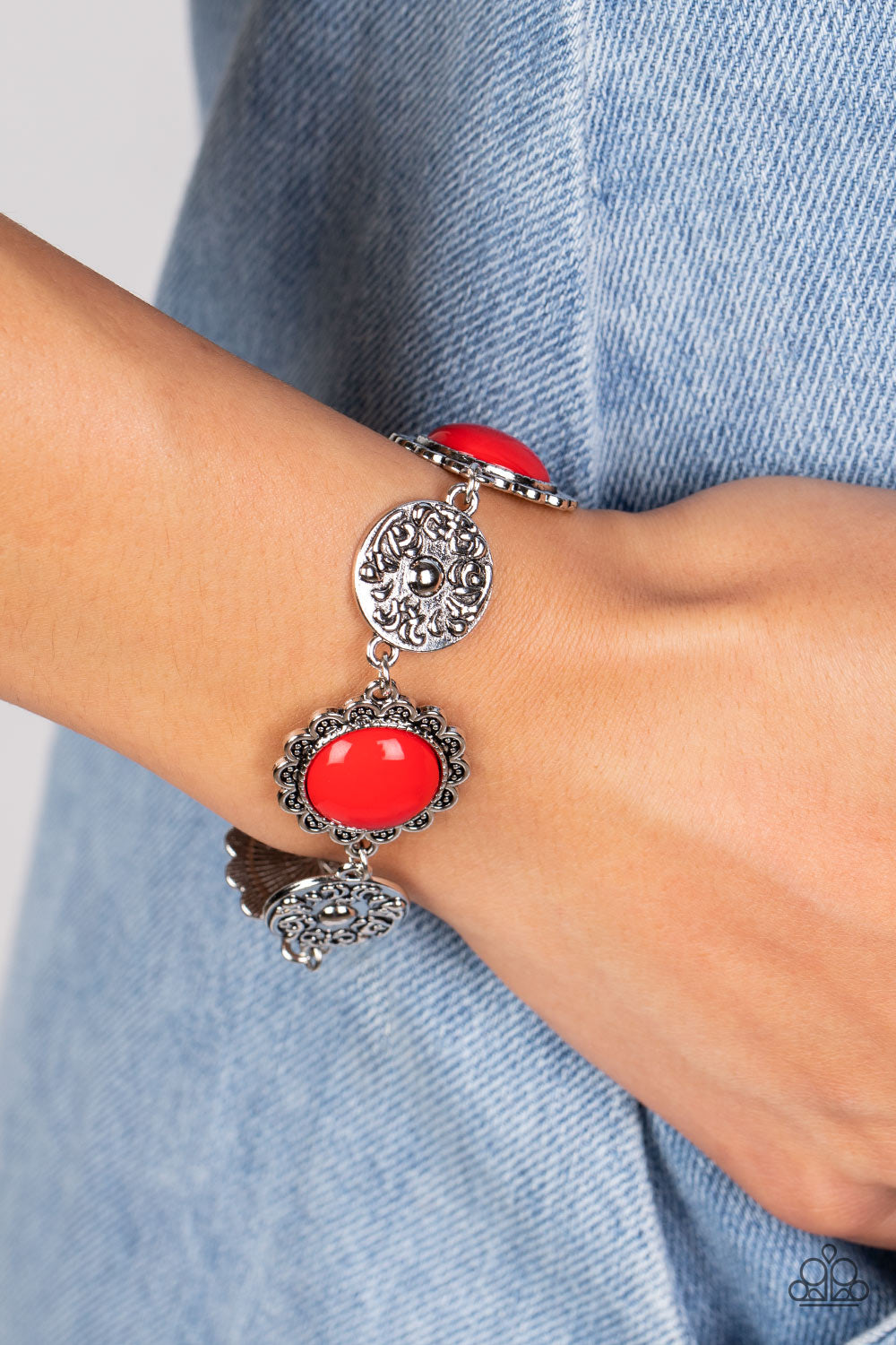 Positively Poppy - Red Floral Silver Filigree Bracelet Paparazzi B0997