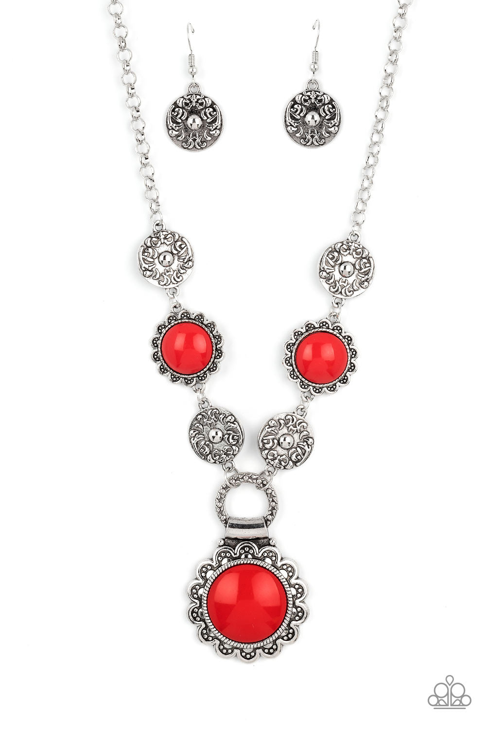 Poppy Persuasion - Red Floral Filigree Silver Necklace Paparazzi N1441