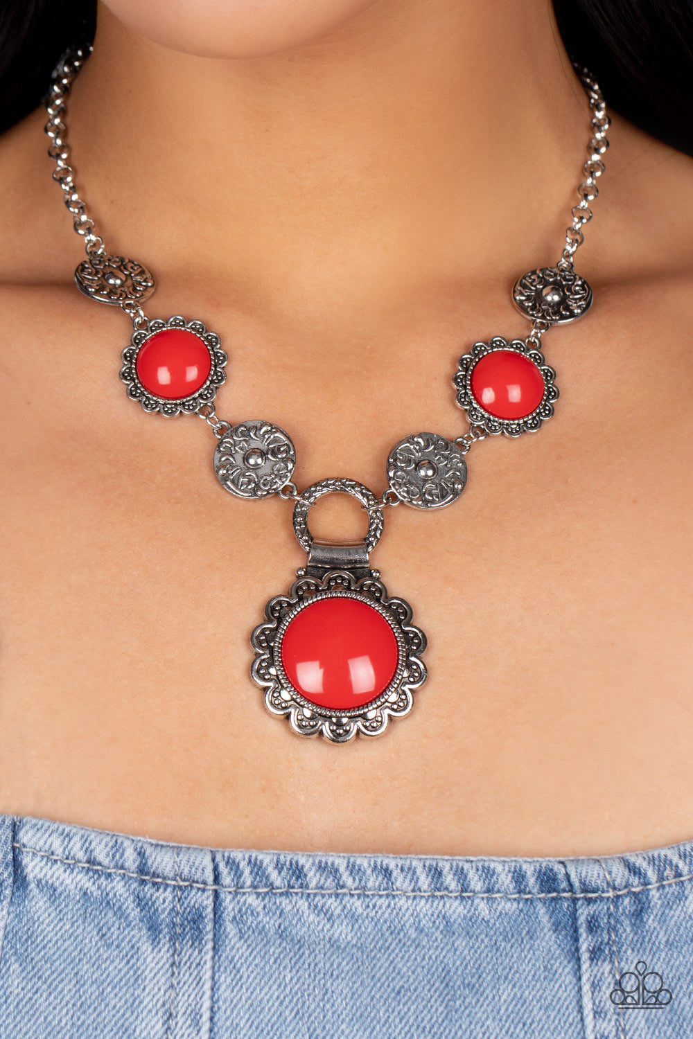 Poppy Persuasion - Red Floral Filigree Silver Necklace Paparazzi N1441