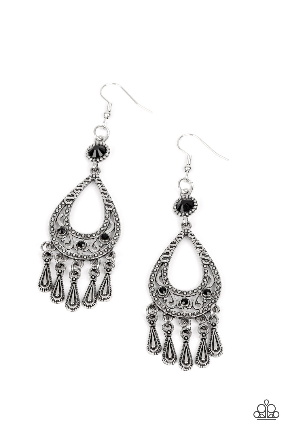 Viva la DIVA - Black Rhinestone Silver Teardrop Earring Paparazzi E1235