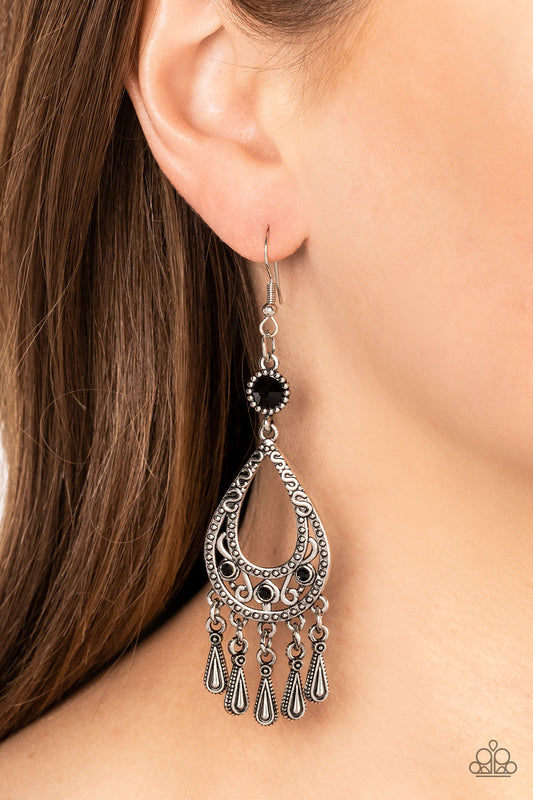 Viva la DIVA - Black Rhinestone Silver Teardrop Earring Paparazzi E1235