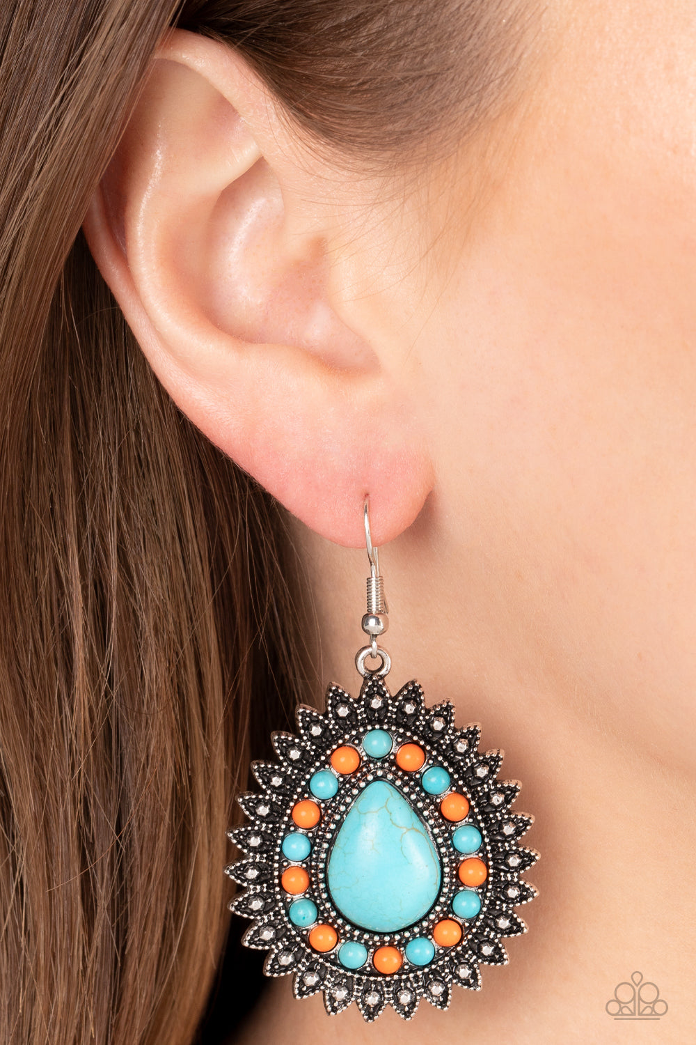 Sagebrush Sabbatical - Blue Turquoise & Orange Stone Santa Fe Style Teardrop Earring Paparazzi E1141